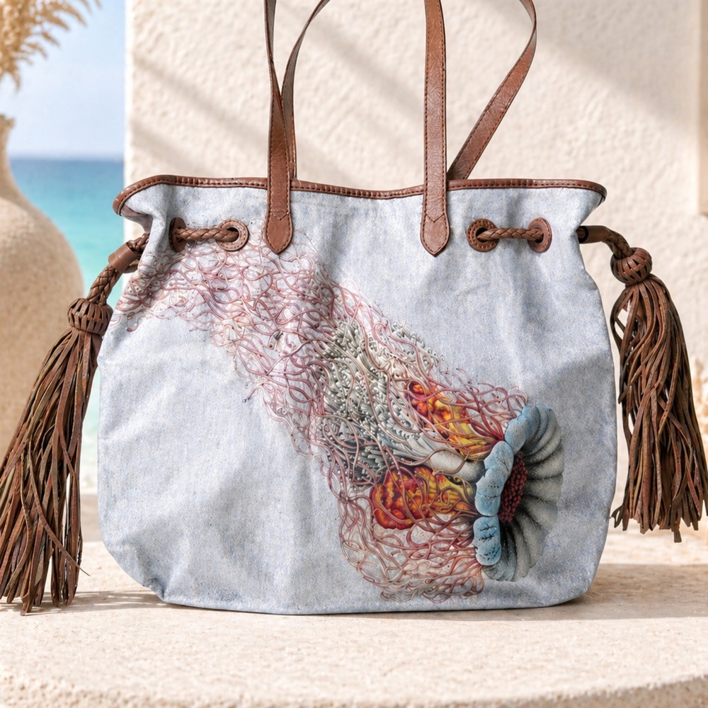 Jessica Kagan Cushman Silver Canvas Jellyfish Tote Bag Leather Tassels